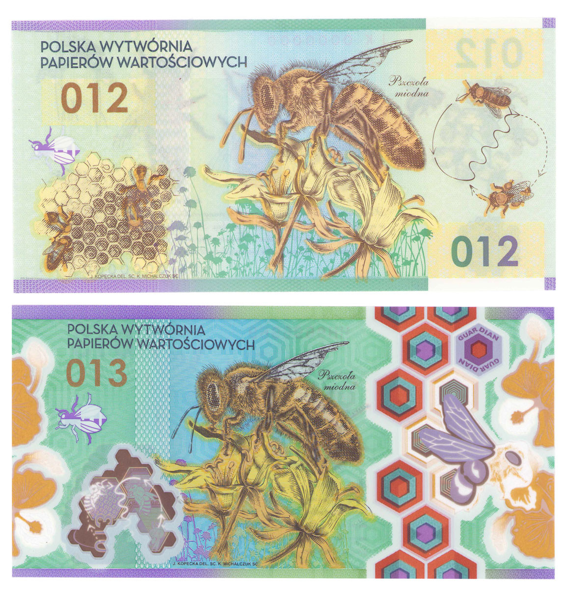 Zestaw banknotów testowych PWPW - PSZCZOŁA nr 012 i 013 – 2 szt